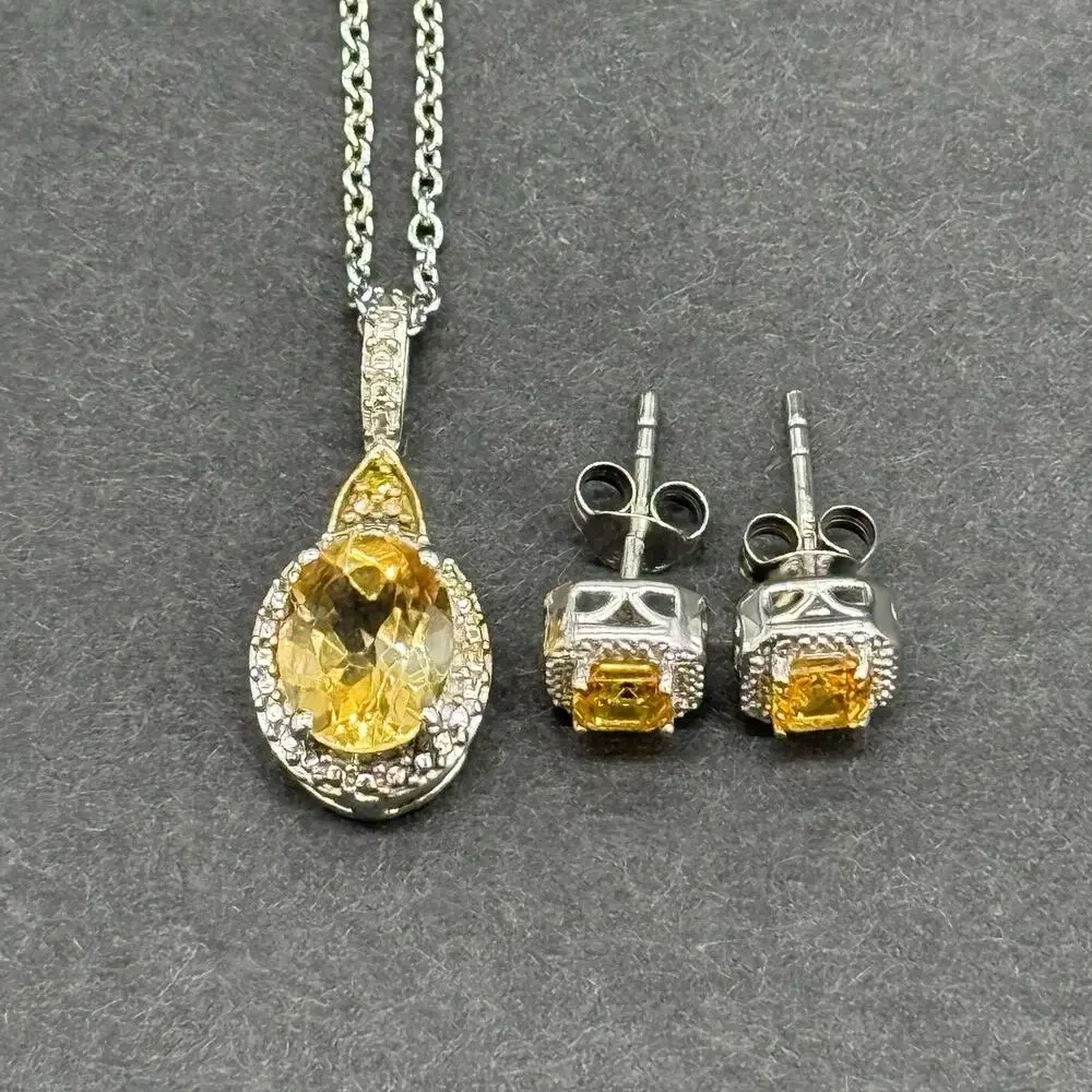 Signed STS 925 Sterling Silver Yellow Citrine Halo Pendant Necklace & Stud Earri